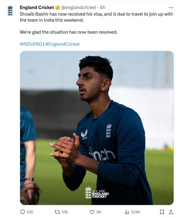 England Spinner Shoaib Bashir Granted Visa, Set for India  