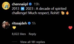 Rohit Sharma's wife Rikita Sajdeh comment on CSK Insta post  