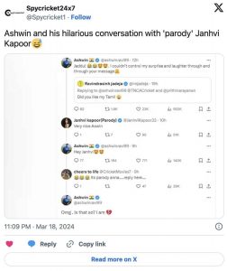 Ashwin's fun banter with actress Janhvi Kapoor 'parody  