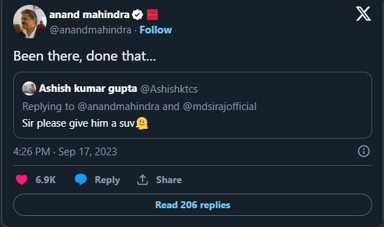 Fans Ask Anand Mahindra To Gift A SUV To Mohammad Siraj  