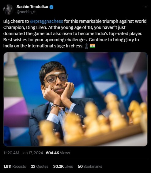 Sachin Tendulkar Is All Praise For R Praggnanandhaa  