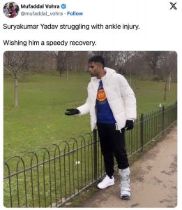 Cricketer Suryakumar Yadav in walking boot after injury  