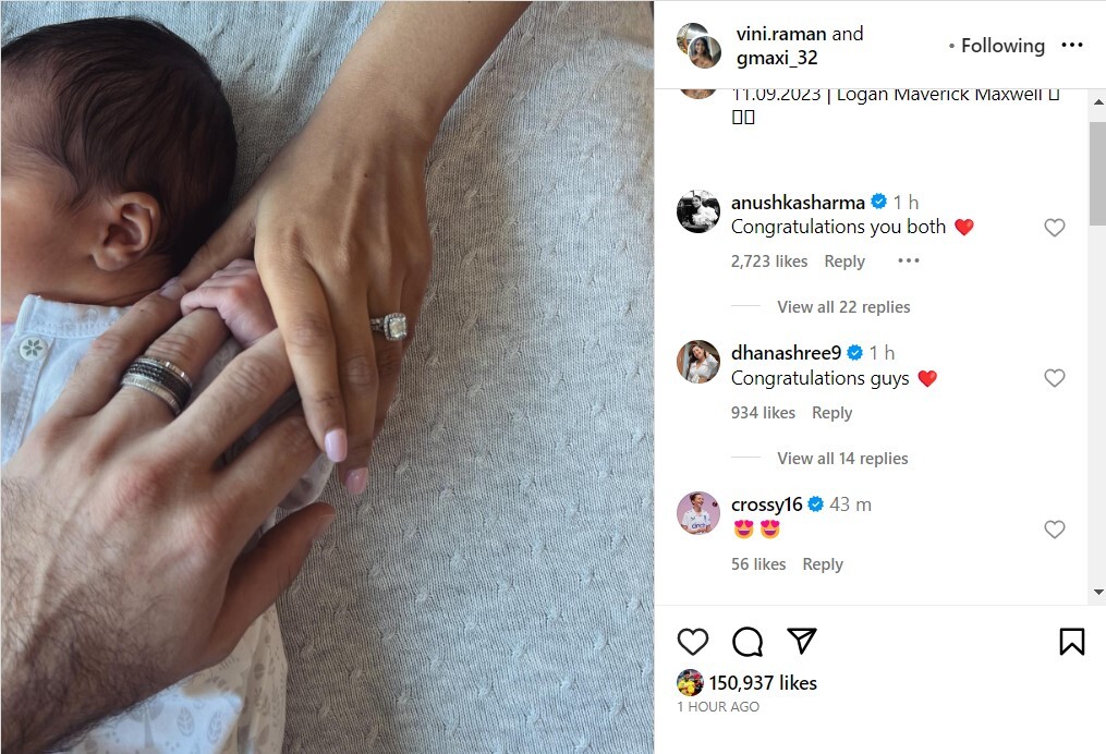 Glenn Maxwell & Wife Vini Raman Welcomes a Baby Boy  