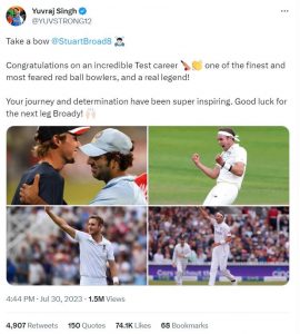 Yuvraj Singh's special post for Stuart Broad's retirement  