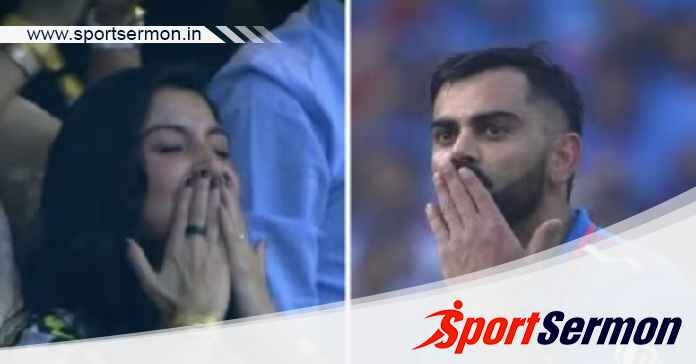 Cricketer Virat Kohli gives flying kiss to Anushka Sharma  