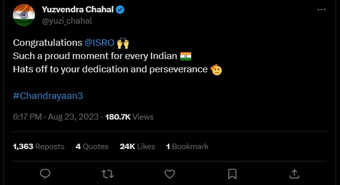 Indian Players Celebrates Chandrayaan 3 Successful Landing  