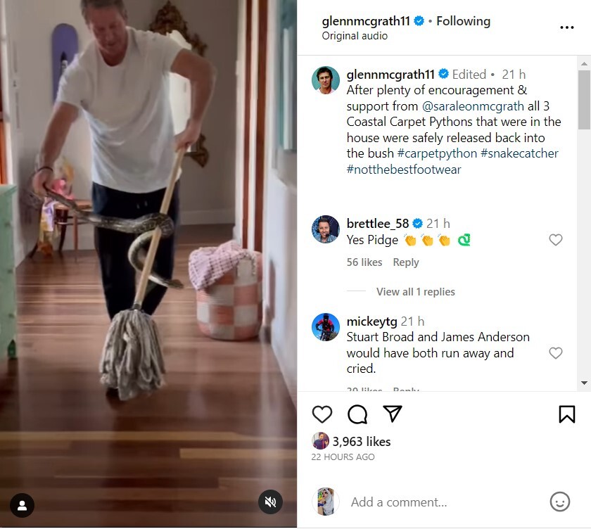 Glenn McGrath captures 3 Pythons, Fans Dub 'Snake Catcher'  