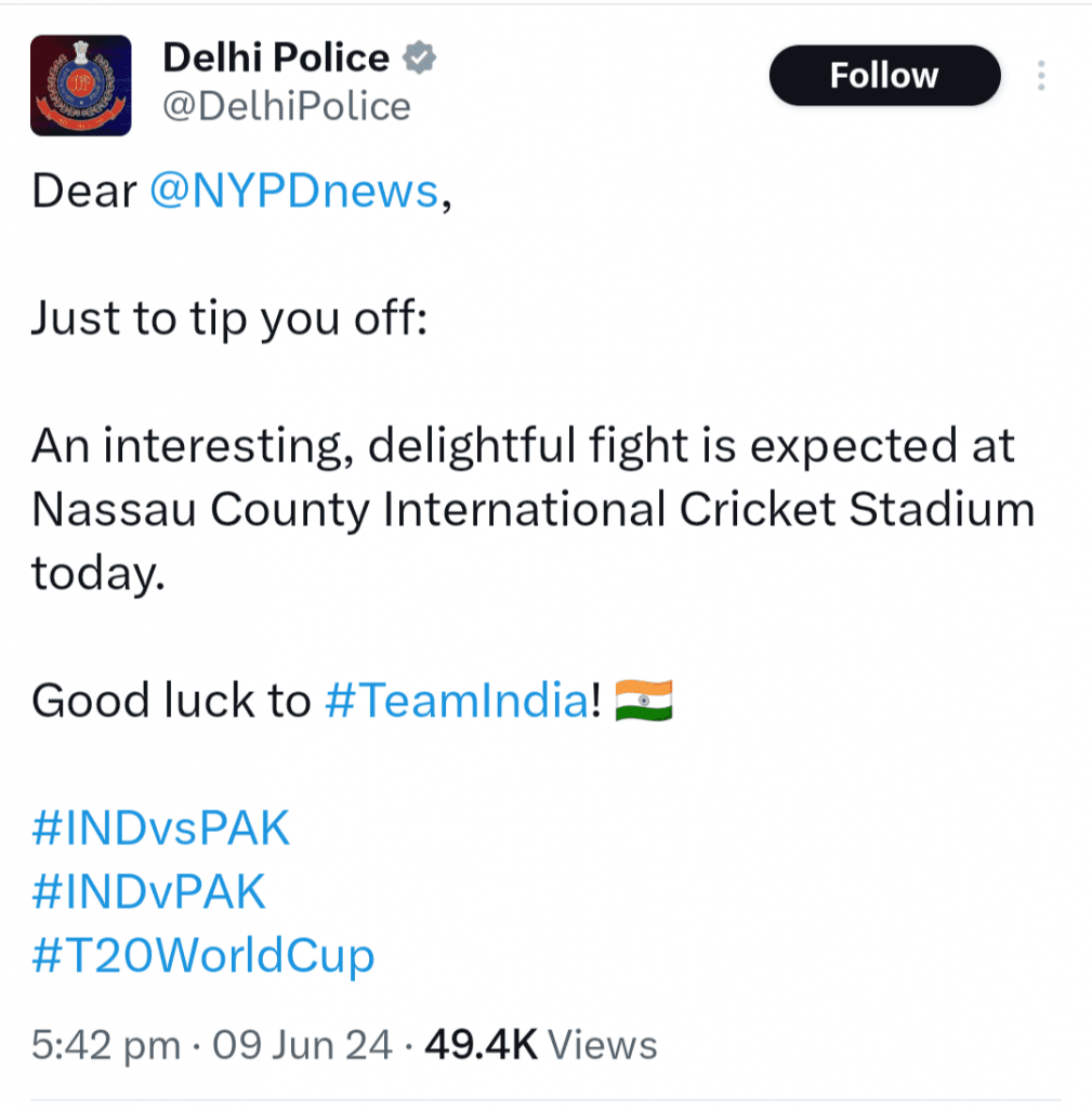 WC 2024: Pakistan हारा, तो Delhi Police ने भी लिए मजे, X पर लिख दी यह बड़ी बात  