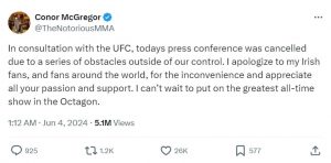 Conor McGregor addresses the UFC 303 press conference cancellation  