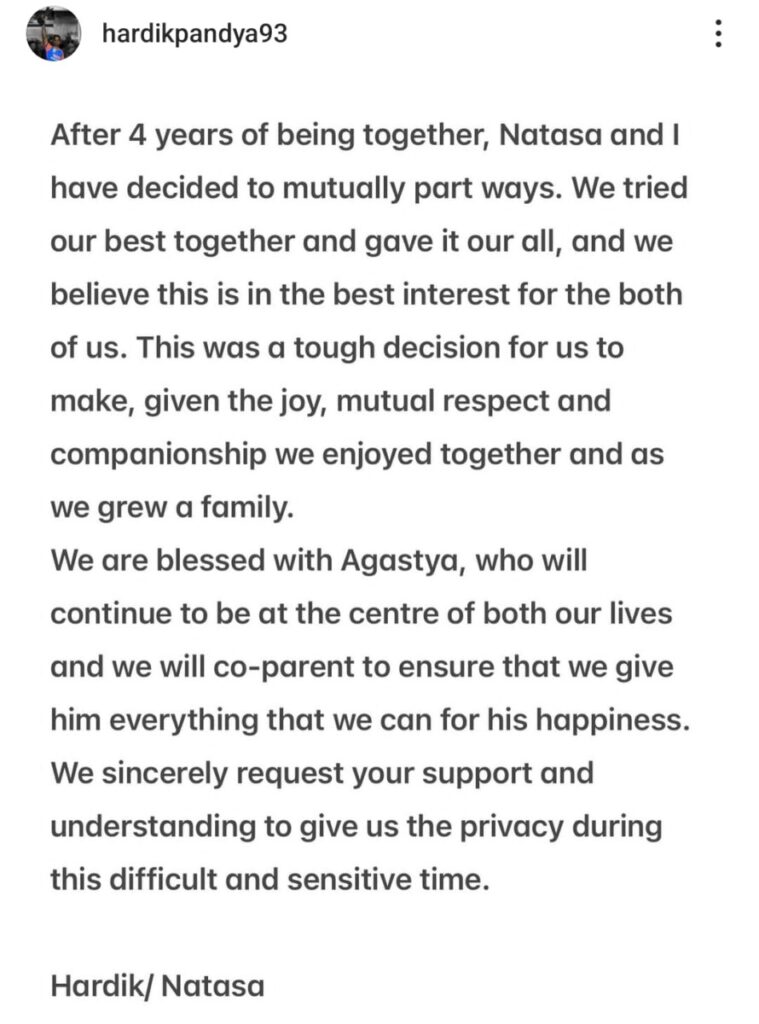 Hardik Pandya Confirms Divorce with Natasa Stankovic After 4 Years of Marriage  