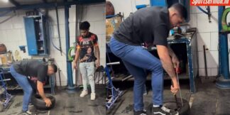 Alex Pereira visits the tyre repair shop he used to work in Brazil  