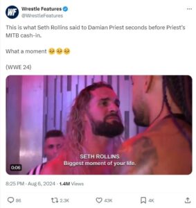 What were Seth Rollins' words to Damian Priest before his MITB cash in?  