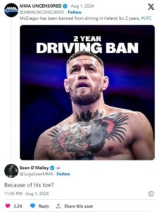 Sean O'Malley takes a dig at Conor McGregor after his driving ban  