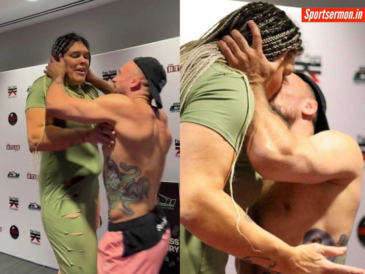 Craig Jones forcefully kisses Gabi Garcia at the intergender pre-fight faceoff  