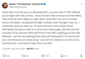 "No one..."- Umar Nurmagomedov counters back at Merab Dvalishvili's 'liar' jab  