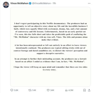 Vince McMahon criticizes Netflix docuseries makers for using editing tricks  