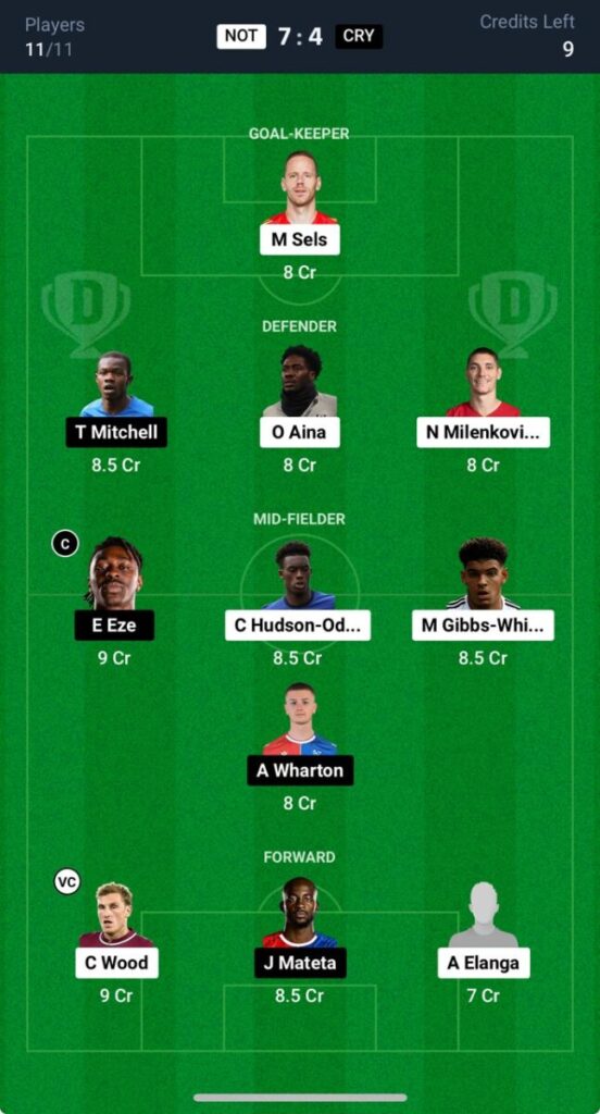 NOT vs CRY Dream11 Prediction, Nottingham Forest vs Crystal Palace Live, PL  