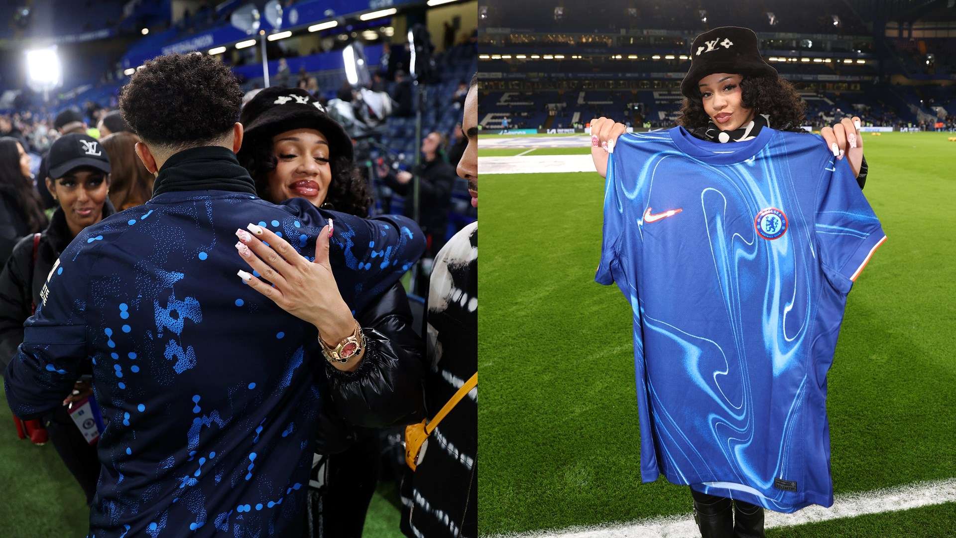 Rapper Saweetie hugs Sancho on visit to Chelsea  