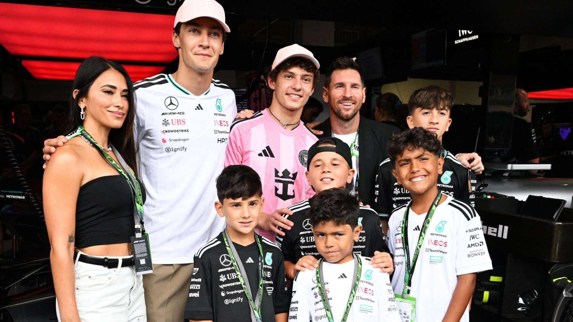 Messi & Antonela meet F1 drivers Russell, Antonelli & Colapinto at Miami GP  
